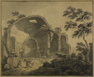 Romerska ruiner med två samtalande bönder i förgrunden av Charles Louis Clerisseau