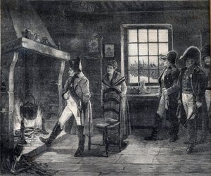 Kejsar Napoleon I värmer sig vid en vedeld i ett snölandskap - Napoleon efter slaget vid Waterloo 1814 - gravyr efter målningen av Charles Louis (Charles-Louis) Kratke (1848-1921) av Charles Louis Kratke