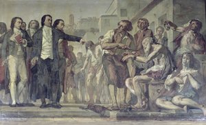 Philippe Pinel 1745-1826 släppte galningar från sina kedjor på asylanstalten Bicetre i Paris 1793, ca 1840-50 olja på duk detalj från 163956