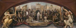 Skiss till Denon-paviljongen i Louvren: Les quatre âges artistiques de la France - Présentation des plans à Napoléon, ca 1864 (olja på duk) av Charles Louis Lucien Muller
