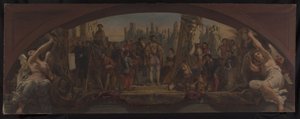 Skiss till Denon-paviljongen i Louvren: Les quatre âges de la vie artistique en France - Presentation för Frans I av planerna för Château de Fontainebleau, ca 1864 (olja på duk) av Charles Louis Lucien Muller