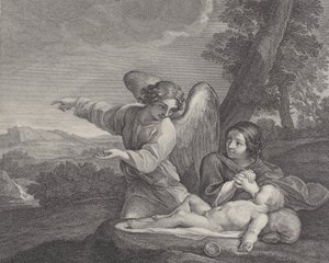 Ängeln som visar sig för Hagar i öknen när hon lägger händerna bredvid sömnen..., 1700-28.