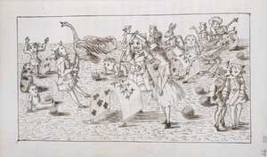 Alice och den röda drottningen spelar krocket, illustration från kapitel IV av "Alice i Underlandet" (penna och bläck på papper)