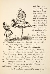 Alice gets advice from the Blue Caterpillar, illustration from Alices Adventures Under Ground, pub. 1886 (facsimile)