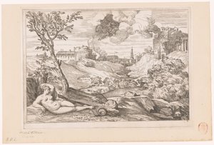 Landskap med Andromeda bevakad av draken och Perseus som flyger i ett moln av Charles Macé (attributed to)