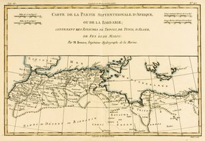 Nordafrika, inklusive kungadömena Tripoli, Tunis, Alger; Fez och Marocko, från Atlas of All the Known Parts of the Terrestrial Globe av Guillaume Raynal (1713-96) publicerad Genève, 1780 (färg