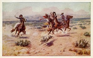 Cowboys som jagar en prärievarg av Charles Marion Russell