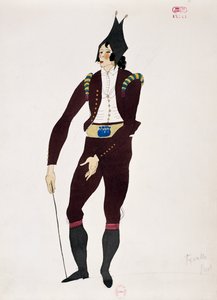 Kostym för Fiorellos karaktär från Barberaren i Sevilla av Gioacchino Rossini, skiss av Charles Martin (1884-1934)