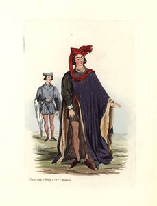 Typisk mansdräkt under kung Henrik IV och Henrik V, illustration från "Civil Costumes of England from the Conquest to the Present Day" av Charles Martin