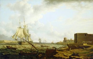 Ett brittiskt Royal Navy-krigsfartyg av tredje klass på väg in i Port Mahon (Spanien), med en liten båt som transporterar officerare till hamnen till höger
