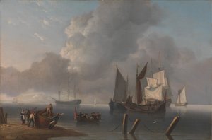 Krigsfartyg som ligger offshore, den ledande admiralen rodds ut för att gå med i flaggskeppet, hennes segel upplyste av en paus i molnen
