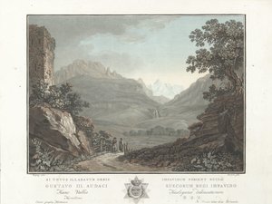 Berglandschap i Schweiz Utsikt över Oberhashi-dalen (titel på objekt) Anmärkningsvärd utsikt över bergen i Schweiz (serietitel) av Charles Melchior Descourtis