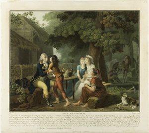 Monsieur de la Bourdonnais ankomst, plansch 3 från Paul et Virginie av Charles Melchior Descourtis