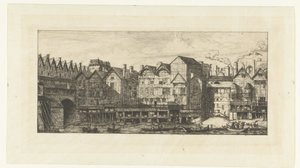 Bakre fasader av furirhus på Seine nära Pont-au-Change i Paris En del av Paris sent 1600-tal Partie de la cité vers la Fin du XVIIe siècle av Charles Meryon