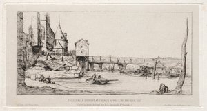 Gångbro som tillfälligt ersätter Exchange Bridge, Paris, efter branden 1621 av Charles Meryon