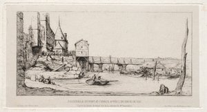 Gångbro som tillfälligt ersätter Exchange Bridge, Paris, efter branden 1621, 1860. av Charles Meryon