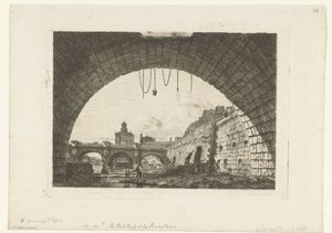 Se över Pont-Neuf under boog Pont-au-Change i Paris Pont Neuf och Samaritaine från under den första bågen av Pont au Change av Charles Meryon