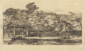 Inhemska lador och hyddor i Akaroa, Banks-halvön, 1845 av Charles Meryon