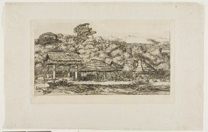 Infödingarnas baracker och hyddor i Akaroa, Banks halvö, 1845 av Charles Meryon
