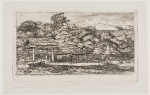 Infödingarnas baracker och hyddor i Akaroa, Banks halvö, 1845 av Charles Meryon
