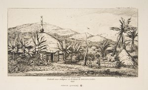 Nya Kaledonien: Stor infödd hydda på vägen från Balade till Puebo, 1845, ur "Resan till Nya Zeeland (1842-46)" av Charles Meryon