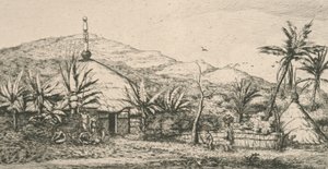 Nya Kaledonien, Nya Kaledonien: stor inhemsk hydda på gångvägen till Poepo, illustration från "Etching of the Pacific...", 1863 av Charles Meryon