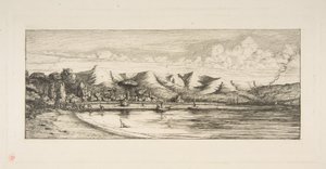 Bankshalvön, Pointe des Charbonniers, Akaroa (Fiske efter sej utanför Colliers’ Point, Akaroa, Bankshalvön, 1845), ur ”The Voyage to New Zealand (1842–46)” av Charles Meryon