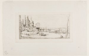 Gångbron som tillfälligt ersätter Pont-au-Change, Paris, efter branden 1621 av Charles Meryon