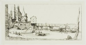 Gångbron som tillfälligt ersätter Pont-au-Change, Paris, efter branden 1621 av Charles Meryon