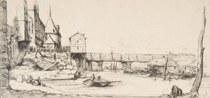 Gångbron som tillfälligt ersätter Pont-au-Change, Paris, efter branden 1621, af..., 1860. av Charles Meryon