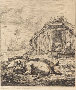 De tre grisarna som ligger framför stallet (tre svin som ligger framför en stall) av Charles Meryon after Karel Dujardin
