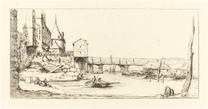 Gångbro som tillfälligt ersätter Pont-au-Change, Paris, efter branden 1621 av Charles Meryon after Stefano Della Bella