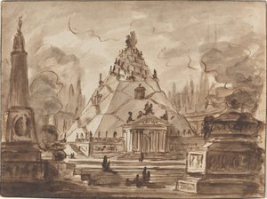 Arkitektonisk fantasi med ett pyramidalt mausoleum