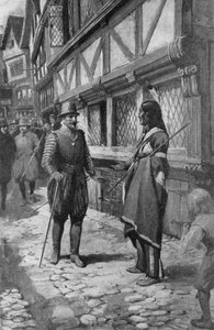 Kapten John Smith träffar en röd indisk vän från Virginia när han tar en promenad längs The Strand i London (litho)