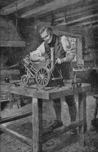 George Stephenson arbetar med en modell av sin raket, motorn som gjorde järnvägen möjlig (litho)