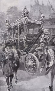 Kung Edward VII och drottning Alexandra i State Coach återvänder från sin kröning i Westminster Abbey, London