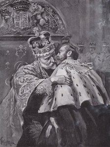 Kung Edward VII omfamnar sin son, prinsen av Wales, vid kungens kröning, Westminster Abbey, London