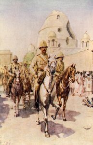 Lord Kitchener på väg in i Omdurman efter slaget (färglitografi)