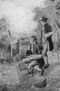 Byns rörmokare hjälper en ung John Constable att måla en scen i Suffolk (litho)