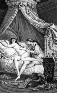 Illustration för "" Les Liaisons dangereuses"" av Choderlos de Laclos. Gravyr av Charles Monnet (1732 - 1808): Valmont skriver ett brev på baksidan av Emilie (en kurtisan).