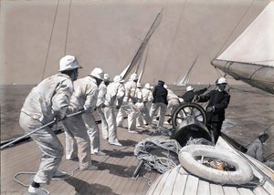 Hissning av huvudseglet på racerbåten Brynhild, vinnare av Kings Cup. Teckning och lavering (37,4x46,1 cm) av Charles M. Padday () , tidigt 1900-tal.