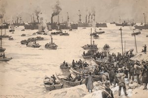 Japanska trupper landstiger i Korea 1905. Teckning och lavering (30,1x45,6 cm) av Charles M. Padday () , tidigt 1900-tal.