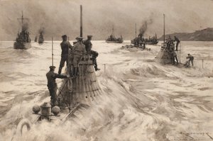 Nya brittiska ubåtar lämnar Milford Haven (England) för att gå i aktion. Teckning och lavering (30,4x45,5 cm) av Charles M. Padday () , tidigt 1900-tal.