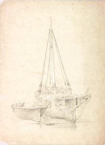 Gammal fiskebåt och jolle (kroppsfärg och penna på papper) av Charles Napier Hemy
