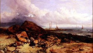 Strandscen med fiskebåt och tärnor av Charles Napier Hemy