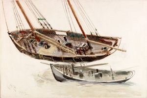 Två studier av en trålare (bc, penna och wc på papper) av Charles Napier Hemy