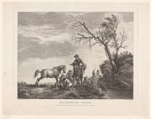 Resenärer under en mellanlandning Olycka på resan. (titel på objekt) av Charles Nicolas Cochin (II)