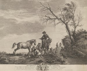 En olycka under resan, en knästående man som fixade en trasig sadel, en häst som pissade på ..., 1740-50.