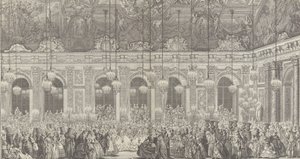 Dekoration för en maskerad bal i Versailles, i samband med t..., ca. 1860 nytryck av 1764 års plåt.