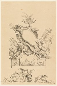 Design för Cartouche with Crown, Two Putti Serving Bacchus och Two Lions från "Cartouches Nouvellement Inventez"
